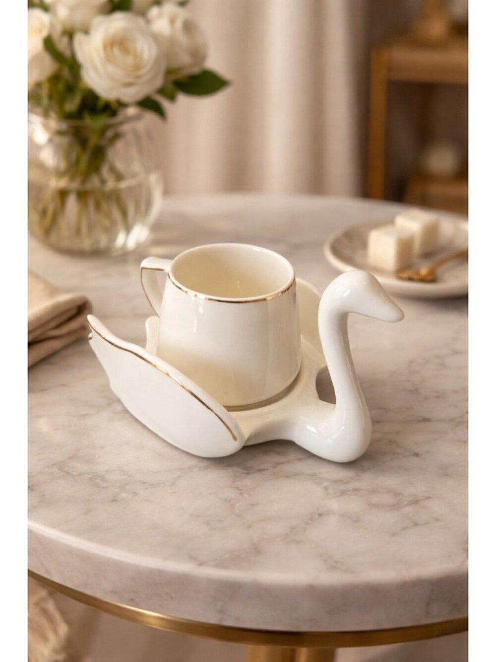 New White W/ Gold Rim Swan Shaped Expresso Cup Beverage Coffee